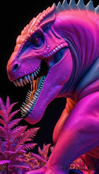 solo,open mouth,simple background,teeth,tongue,tongue out,from side,no humans,plant,sharp teeth,black background,monster,realistic,scales,dinosaur,colored skin,fish,pink skin,horror (theme)