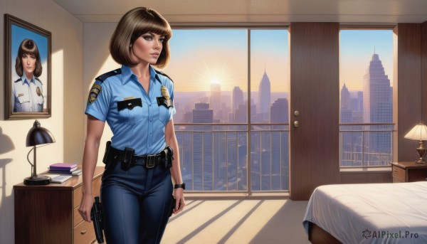 1girl,solo,breasts,short hair,bangs,brown hair,shirt,brown eyes,medium breasts,closed mouth,standing,weapon,short sleeves,cowboy shot,sky,collared shirt,belt,pants,indoors,uniform,lips,gun,looking to the side,pillow,window,bed,shadow,chair,looking away,table,sunlight,bob cut,blue shirt,curtains,building,holding gun,desk,handgun,pocket,sunset,pouch,city,nose,arms at sides,sun,blue pants,lamp,cityscape,holster,wall,photo (object),bedroom,badge,belt pouch,police,police uniform,skyscraper,poster (object),policewoman,blinds,desk lamp,walkie-talkie,book,watch,realistic,wristwatch