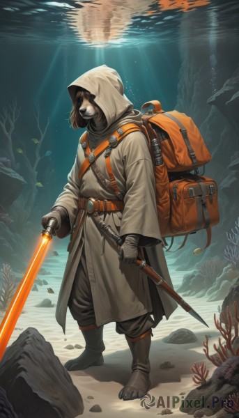 solo,brown hair,gloves,long sleeves,1boy,holding,standing,full body,weapon,male focus,boots,black gloves,belt,sword,hood,water,bag,holding weapon,coat,mask,animal,holding sword,sunlight,backpack,knife,sheath,hood up,fish,dual wielding,light rays,rock,underwater,air bubble,sunbeam,energy sword,lightsaber,science fiction,bubble,coral