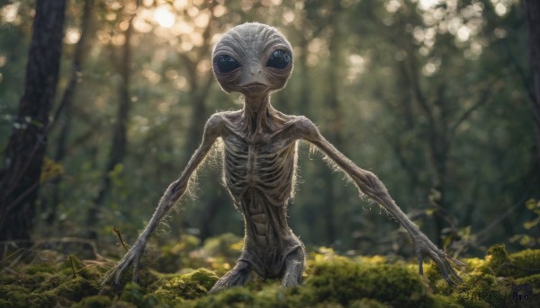 A alien surrounded by a serene outdoors