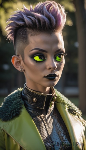 1girl,solo,short hair,jewelry,green eyes,jacket,upper body,pink hair,multicolored hair,earrings,blurry,lips,coat,fur trim,eyelashes,makeup,blurry background,piercing,lipstick,portrait,eyeshadow,colored sclera,black sclera,eyeliner,undercut,purple lips,black lips,purple hair,artist name,depth of field,mohawk,green sclera