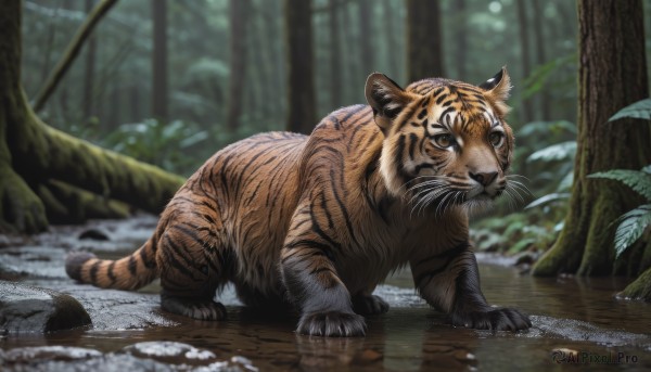 solo,looking at viewer,brown eyes,closed mouth,full body,outdoors,water,blurry,tree,no humans,depth of field,blurry background,animal,nature,forest,reflection,realistic,chinese zodiac,animal focus,tiger,puddle,year of the tiger,day,leaf,plant