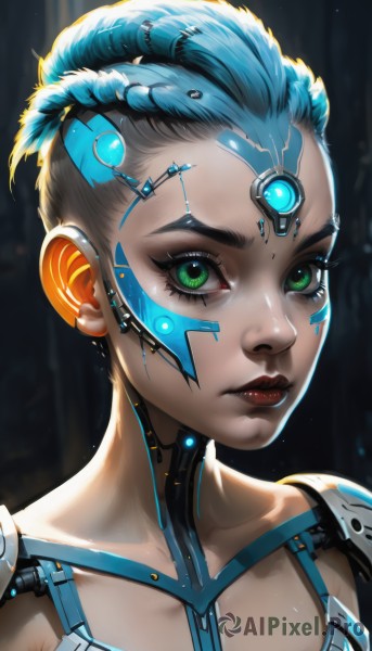 1girl,solo,breasts,looking at viewer,short hair,closed mouth,green eyes,blue hair,collarbone,upper body,artist name,dark-skinned female,lips,eyelashes,makeup,facial mark,lipstick,portrait,eyeshadow,science fiction,nose,android,red lips,eyeliner,cyborg,hair pulled back,robot joints,mascara,cyberpunk,mechanical parts,hair ornament,braid,dark skin,close-up,backlighting,realistic,facepaint,forehead jewel