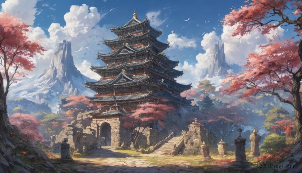 outdoors,sky,day,cloud,tree,blue sky,no humans,bird,leaf,cloudy sky,grass,building,nature,scenery,stairs,mountain,autumn leaves,architecture,east asian architecture,castle,tower,statue,landscape,mountainous horizon,shrine,path,stone lantern,pagoda,gate