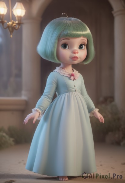 1girl,solo,looking at viewer,short hair,bangs,long sleeves,dress,closed mouth,standing,full body,multicolored hair,outdoors,green hair,barefoot,blunt bangs,blurry,black eyes,lips,depth of field,blurry background,blue dress,brooch,child,female child,green eyes,nail polish,watermark,realistic