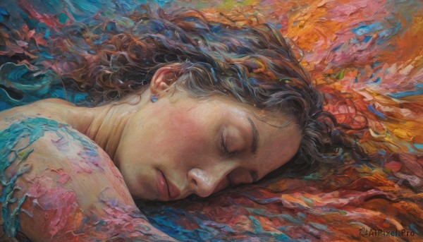 1girl,solo,long hair,brown hair,black hair,jewelry,closed mouth,closed eyes,earrings,lying,dark skin,lips,wavy hair,traditional media,sleeping,fish,curly hair,realistic,nose,painting (medium),watercolor (medium),surreal,acrylic paint (medium),eyelashes,on side,portrait