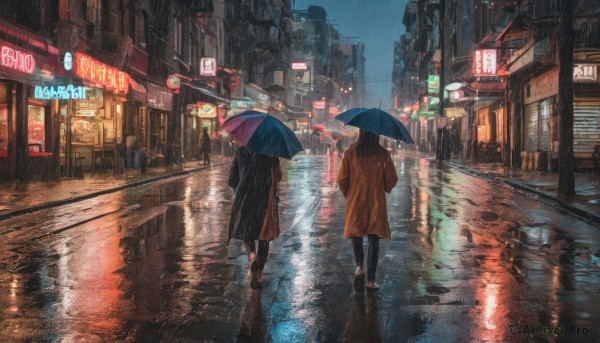 multiple girls, holding, 2girls, outdoors, pants, dutch angle, night, umbrella, building, scenery, reflection, walking, rain, holding umbrella, city, sign, road, street, puddle, neon lights, crosswalk