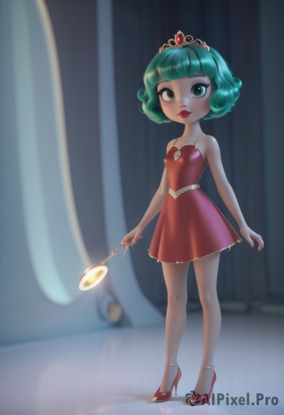 1girl,solo,breasts,looking at viewer,short hair,bangs,dress,holding,bare shoulders,jewelry,green eyes,standing,full body,small breasts,green hair,shoes,sleeveless,blunt bangs,blurry,high heels,bare arms,aqua hair,makeup,sleeveless dress,short dress,red dress,tiara,crown,lipstick,curtains,gem,red footwear,child,reflection,red lips,wand