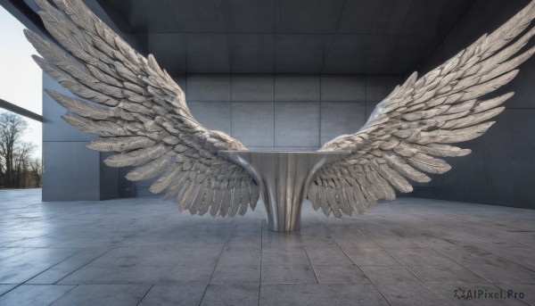 wings,indoors,tree,no humans,window,scenery,feathered wings,wooden floor,tiles,spread wings,outdoors,sky,angel wings,white wings,tile floor,bare tree,tile wall