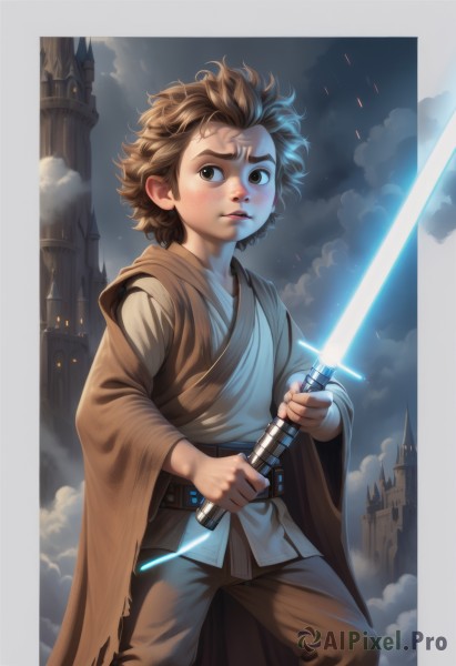 solo,looking at viewer,brown hair,1boy,holding,brown eyes,weapon,male focus,sky,belt,sword,cloud,holding weapon,holding sword,cloudy sky,aged down,building,child,freckles,robe,male child,animification,castle,glowing weapon,energy sword,lightsaber,blush,lips,science fiction,fighting stance,realistic,fantasy