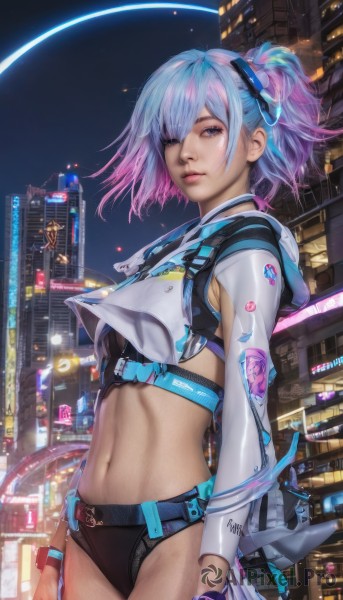 1girl,solo,breasts,looking at viewer,short hair,bangs,blue eyes,gloves,long sleeves,navel,underwear,blue hair,standing,panties,jacket,ponytail,pink hair,purple hair,multicolored hair,cowboy shot,outdoors,sky,choker,black gloves,midriff,belt,hood,stomach,two-tone hair,lips,crop top,gradient hair,makeup,night,hood down,building,cropped jacket,science fiction,city,realistic,nose,arms at sides,cityscape,skyscraper,cyberpunk,cropped hoodie,small breasts,black panties