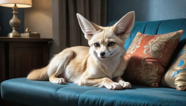 HQ,solo,smile,brown eyes,lying,indoors,pillow,no humans,animal,on stomach,curtains,couch,dog,realistic,lamp,animal focus,white fur,cushion,looking at viewer,closed mouth,cat