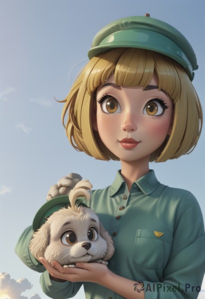 1girl,solo,breasts,looking at viewer,blush,smile,short hair,bangs,blonde hair,shirt,long sleeves,hat,holding,brown eyes,closed mouth,upper body,outdoors,sky,day,collared shirt,artist name,cloud,signature,blunt bangs,blue sky,lips,fingernails,eyelashes,buttons,animal,bob cut,thick eyebrows,freckles,dog,realistic,nose,green headwear,green shirt,holding animal,simple background,ahoge