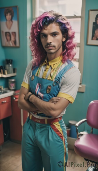 solo,long hair,looking at viewer,shirt,black hair,1boy,brown eyes,standing,white shirt,pink hair,short sleeves,male focus,multicolored hair,parted lips,necktie,collared shirt,belt,pants,indoors,dark skin,blurry,black eyes,two-tone hair,lips,facial hair,chair,crossed arms,dark-skinned male,beard,freckles,curly hair,yellow shirt,realistic,nose,overalls,yellow necktie,arm hair,blue overalls,purple hair,watch,wristwatch