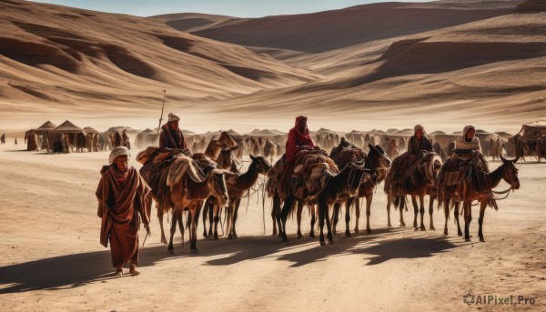 holding,standing,weapon,male focus,outdoors,multiple boys,hood,from behind,cape,animal,polearm,staff,scenery,cloak,6+boys,robe,sand,riding,multiple others,horse,ambiguous gender,desert,horseback riding,6+others,sky,day,shadow,fantasy,soldier,saddle,army