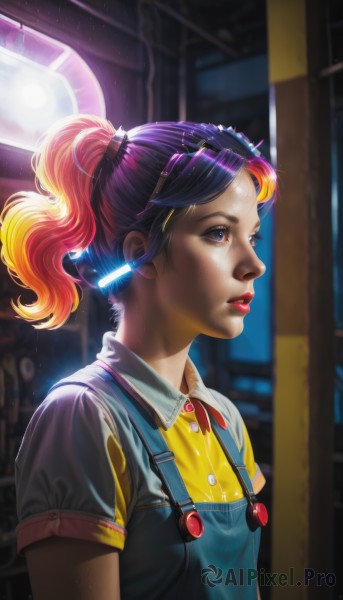 1girl,solo,breasts,blue eyes,shirt,hair ornament,purple eyes,upper body,ponytail,purple hair,short sleeves,red hair,multicolored hair,small breasts,parted lips,collared shirt,artist name,indoors,orange hair,blurry,from side,two-tone hair,lips,eyelashes,gradient hair,makeup,buttons,blurry background,watermark,looking away,high ponytail,lipstick,eyewear on head,eyeshadow,freckles,yellow shirt,realistic,nose,red lips,overalls,long hair,bangs,blonde hair,jewelry,blue hair,earrings,glasses,teeth,signature,profile,glowing,sunlight,sunglasses,looking up,wing collar,backlighting,hair tie,light,cable,looking afar,mascara,blue overalls