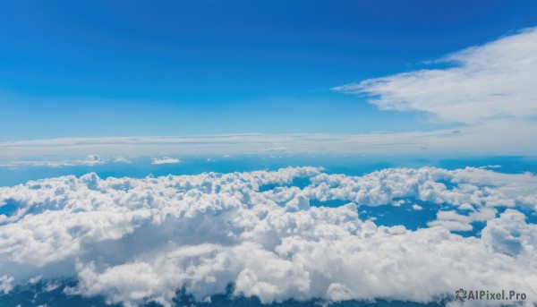 monochrome,outdoors,sky,day,cloud,water,blue sky,no humans,ocean,cloudy sky,scenery,blue theme,city,horizon,cityscape,landscape,above clouds,nature