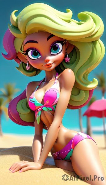 1girl,solo,long hair,breasts,looking at viewer,blush,smile,blue eyes,blonde hair,navel,cleavage,bare shoulders,jewelry,medium breasts,closed mouth,green eyes,collarbone,swimsuit,bikini,multicolored hair,earrings,outdoors,sky,day,nail polish,blurry,aqua eyes,tree,lips,fingernails,eyelashes,gradient hair,makeup,depth of field,blurry background,arm support,umbrella,beach,lipstick,tan,front-tie top,multicolored clothes,pink nails,eyeshadow,palm tree,pink bikini,beach umbrella,multicolored bikini,rainbow hair,bangs,sitting,cowboy shot,small breasts,lying,green hair,pointy ears,midriff,artist name,cloud,signature,water,stomach,two-tone hair,blue sky,bare arms,shadow,ocean,watermark,wavy hair,on side,floral print,own hands together,long fingernails,curly hair,v arms,pink lips,front-tie bikini top,sand,shade