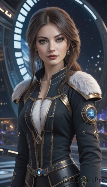 1girl,solo,long hair,breasts,looking at viewer,brown hair,long sleeves,brown eyes,jewelry,medium breasts,closed mouth,upper body,earrings,belt,artist name,armor,blurry,lips,fur trim,makeup,blurry background,lipstick,gem,realistic,nose,red lips,jacket,zipper,science fiction,fur collar