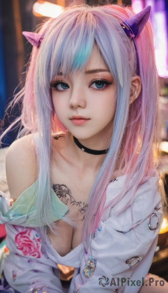 1girl,solo,long hair,breasts,looking at viewer,bangs,blue eyes,shirt,cleavage,bare shoulders,jewelry,medium breasts,closed mouth,blue hair,collarbone,white shirt,upper body,pink hair,sidelocks,multicolored hair,hairband,earrings,horns,choker,artist name,off shoulder,blurry,two-tone hair,lips,streaked hair,eyelashes,tattoo,gradient hair,makeup,leaning forward,blurry background,black choker,piercing,ear piercing,eyeshadow,realistic,nose,fake horns,arm tattoo,mascara,large breasts,long sleeves,freckles,chest tattoo,flower tattoo