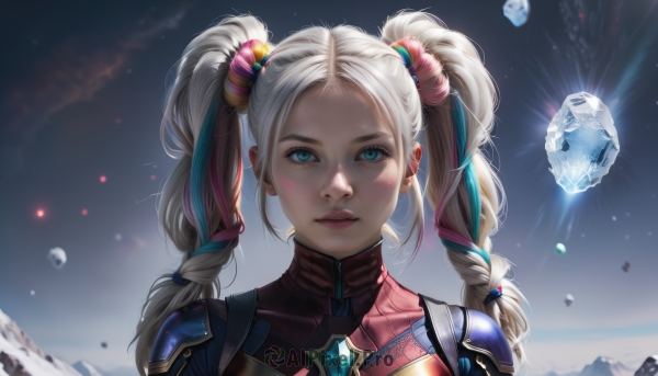 1girl,solo,long hair,looking at viewer,bangs,blue eyes,blonde hair,hair ornament,ribbon,twintails,closed mouth,hair ribbon,upper body,pink hair,braid,white hair,multicolored hair,sky,artist name,armor,twin braids,two-tone hair,lips,gem,portrait,crystal,planet,blush,blue hair,parted lips,teeth,aqua eyes,streaked hair,bodysuit,makeup,snow,forehead,freckles,ice,mountain,realistic,nose