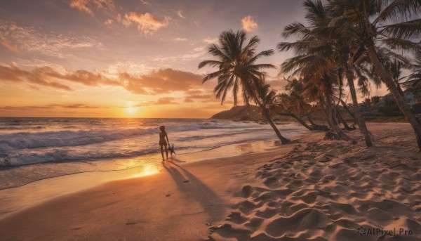 1girl, solo, outdoors, sky, cloud, tree, dutch angle, shadow, ocean, beach, scenery, sunset, sand, palm tree, sun, horizon, footprints