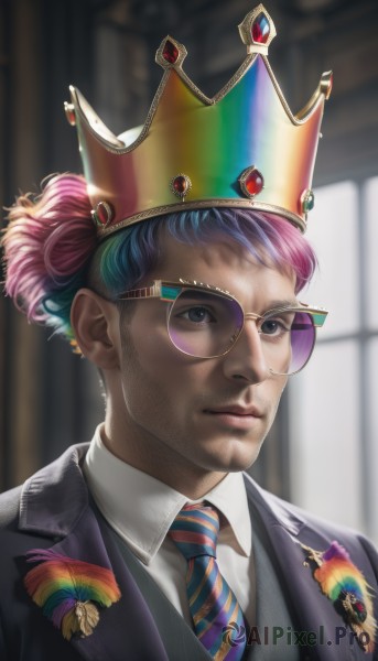 solo,looking at viewer,short hair,shirt,1boy,closed mouth,blue hair,jacket,white shirt,upper body,pink hair,purple hair,male focus,multicolored hair,necktie,glasses,striped,collared shirt,artist name,indoors,blurry,black eyes,vest,two-tone hair,lips,black jacket,grey eyes,blurry background,facial hair,watermark,formal,sunglasses,suit,crown,portrait,blue necktie,realistic,nose,round eyewear,striped necktie,grey vest,rainbow hair,gem,stubble