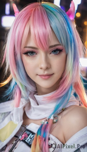 1girl,solo,long hair,looking at viewer,smile,bangs,blue eyes,bare shoulders,closed mouth,blue hair,upper body,pink hair,multicolored hair,horns,off shoulder,scarf,blurry,two-tone hair,lips,streaked hair,grey eyes,eyelashes,aqua hair,gradient hair,makeup,blurry background,portrait,eyeshadow,freckles,realistic,artist name,signature,watermark,feathers,nose,rainbow hair