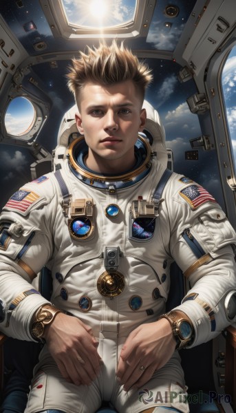 solo,looking at viewer,short hair,brown hair,1boy,brown eyes,sitting,male focus,parted lips,lips,watch,realistic,nose,sun,wristwatch,space,planet,earth (planet),american flag,spacesuit,japanese flag,astronaut,blue eyes,blonde hair,jewelry,sky,ring,spiked hair,star (sky),undercut