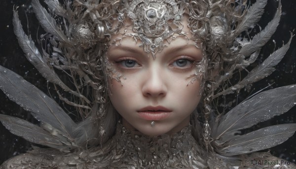 1girl,solo,looking at viewer,blue eyes,simple background,hair ornament,jewelry,closed mouth,wings,lips,grey eyes,eyelashes,feathers,black background,gem,portrait,light particles,freckles,realistic,straight-on,long hair,grey hair,parted lips,expressionless,piercing,close-up,nose