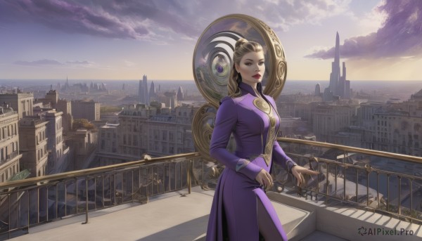 1girl,solo,long hair,breasts,looking at viewer,blonde hair,brown hair,long sleeves,dress,jewelry,standing,earrings,outdoors,sky,cloud,bracelet,makeup,cloudy sky,lipstick,building,scenery,purple dress,city,railing,red lips,cityscape,black hair,braid,clothing cutout,stairs,realistic