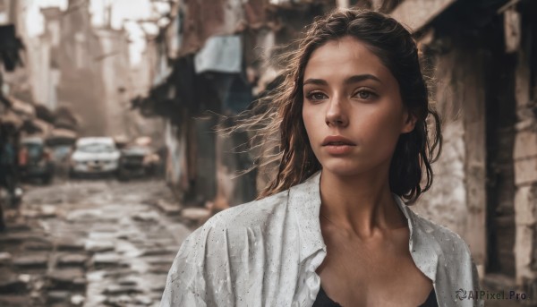 1girl,solo,long hair,looking at viewer,brown hair,shirt,black hair,collarbone,white shirt,upper body,outdoors,parted lips,open clothes,solo focus,blurry,black eyes,lips,looking to the side,open shirt,depth of field,blurry background,ground vehicle,messy hair,motor vehicle,realistic,nose,car,breasts,cleavage,medium breasts,day,sunlight,building,portrait,road,dirty