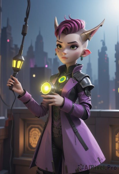 1girl,solo,short hair,long sleeves,holding,animal ears,jewelry,closed mouth,green eyes,standing,jacket,pink hair,cowboy shot,earrings,outdoors,open clothes,horns,pointy ears,pants,armor,blurry,lips,coat,night,blurry background,black pants,city,mohawk,cyberpunk,looking at viewer,alternate costume,scar,very short hair