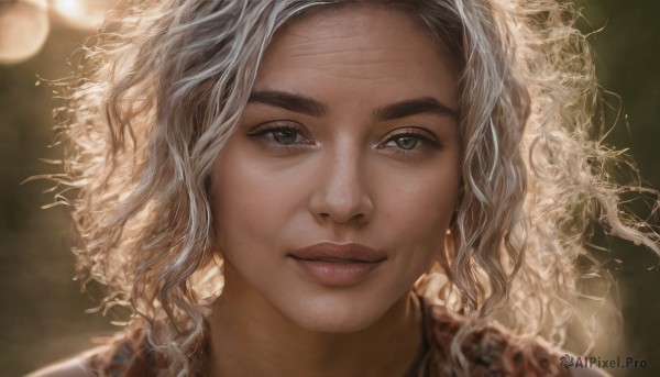 1girl,solo,long hair,looking at viewer,smile,blue eyes,blonde hair,closed mouth,white hair,parted lips,dark skin,blurry,dark-skinned female,lips,grey eyes,eyelashes,blurry background,wavy hair,thick eyebrows,portrait,freckles,curly hair,realistic,nose,depth of field,close-up