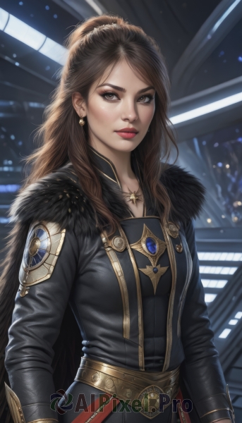 1girl,solo,long hair,breasts,looking at viewer,brown hair,long sleeves,brown eyes,jewelry,medium breasts,closed mouth,jacket,earrings,belt,indoors,necklace,cape,lips,black jacket,fur trim,makeup,blurry background,lipstick,pendant,realistic,nose,red lips,bangs,upper body,ponytail,weapon