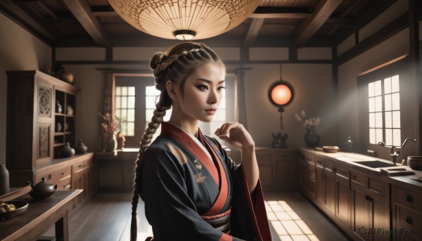 1girl,solo,long hair,looking at viewer,brown hair,long sleeves,brown eyes,closed mouth,upper body,braid,japanese clothes,day,indoors,hand up,wide sleeves,kimono,hair bun,lips,sash,window,single braid,obi,table,sunlight,single hair bun,plant,smoke,bowl,realistic,nose,potted plant,lamp,architecture,east asian architecture,shelf,vase,kitchen,drawer,counter,cabinet,stove,nail polish,twin braids,makeup,chinese clothes,backlighting,teapot,chest of drawers