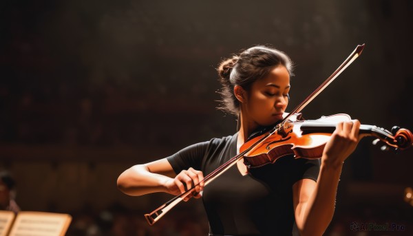 1girl,solo,short hair,brown hair,shirt,holding,closed eyes,upper body,short sleeves,dark skin,hair bun,blurry,dark-skinned female,lips,black shirt,depth of field,blurry background,instrument,realistic,nose,music,playing instrument,holding instrument,violin,bow (music),breasts,dress,indoors,backlighting