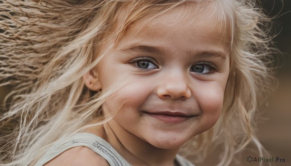 1girl,solo,long hair,looking at viewer,smile,blonde hair,artist name,signature,blurry,lips,grey eyes,floating hair,messy hair,portrait,close-up,realistic,nose,1boy,closed mouth,male focus,eyelashes,facial hair,brown background