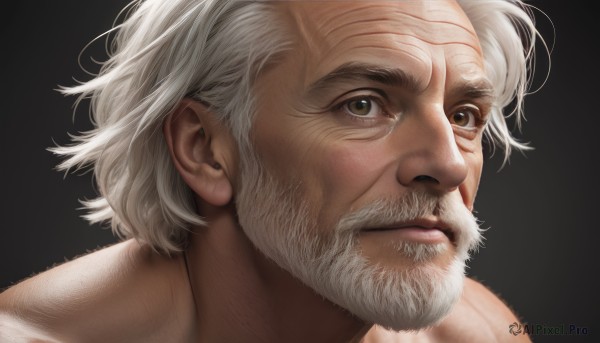 solo,looking at viewer,simple background,1boy,brown eyes,jewelry,closed mouth,green eyes,white hair,male focus,earrings,artist name,lips,facial hair,black background,portrait,beard,mature male,realistic,nose,mustache,manly,old,old man,wrinkled skin,grey hair,scar,veins