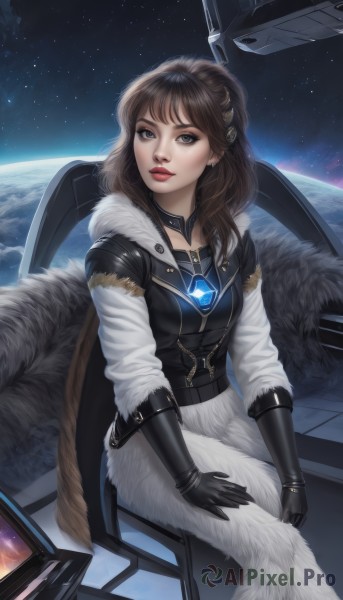 1girl,solo,long hair,looking at viewer,blue eyes,brown hair,gloves,jewelry,sitting,earrings,parted lips,choker,black gloves,cape,lips,grey eyes,fur trim,makeup,crossed legs,lipstick,gem,star (sky),eyeshadow,science fiction,realistic,nose,red lips,space,planet,earth (planet),spacecraft,bangs,brown eyes,sky,necklace,starry sky,fur,cockpit