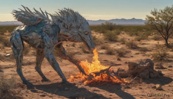 outdoors,sky,day,tree,no humans,fire,robot,scenery,science fiction,monster,mountain,sand,desert,burning,dinosaur,campfire,teeth,blue sky,grass,rock