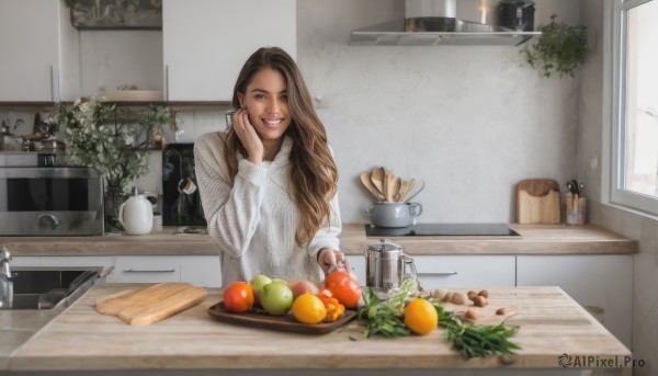 1girl,solo,long hair,looking at viewer,smile,open mouth,brown hair,long sleeves,brown eyes,upper body,food,teeth,day,indoors,dark skin,grin,apron,sweater,dark-skinned female,cup,lips,window,fruit,table,knife,plant,towel,hand on own face,plate,realistic,apple,hand on own cheek,potted plant,white sweater,cooking,ladle,orange (fruit),kitchen,lemon,vegetable,frying pan,sink,counter,cabinet,kettle,stove,potato,kitchen knife,cutting board,onion,phone,bottle,bread,faucet