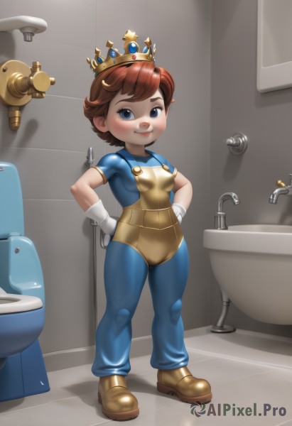 1girl,solo,breasts,looking at viewer,blush,smile,short hair,blue eyes,brown hair,shirt,gloves,standing,full body,short sleeves,small breasts,shoes,indoors,white gloves,lips,bodysuit,cameltoe,brown footwear,crown,genderswap,genderswap (mtf),hands on hips,overalls,bathroom,bathtub,toilet,blue overalls,1boy,closed mouth,male focus,cosplay,child,tiles,male child,genderswap (ftm),sink,faucet