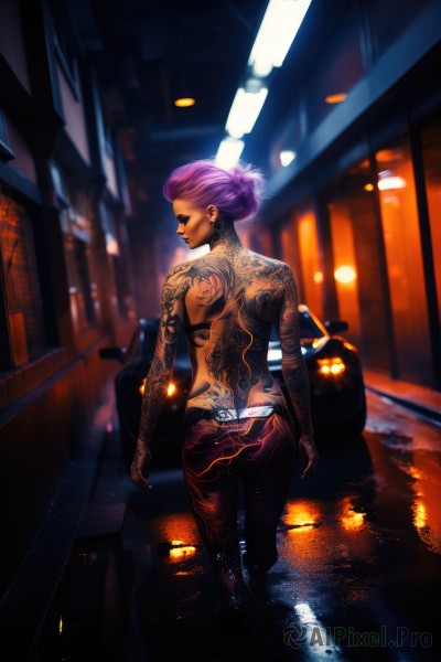 1girl,solo,breasts,short hair,jewelry,underwear,standing,panties,purple hair,ass,earrings,looking back,pants,from behind,blurry,tattoo,makeup,night,back,topless,piercing,lipstick,ground vehicle,ear piercing,motor vehicle,walking,city,nose,car,road,arm tattoo,street,back tattoo,full-body tattoo,closed eyes,dark skin,dark-skinned female,lips,alternate hairstyle,undercut,updo,cyberpunk,neon lights