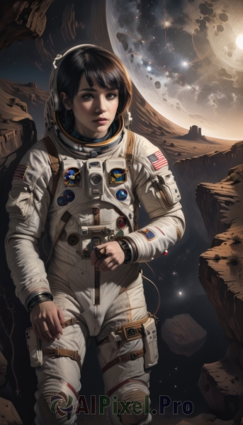 1girl,solo,looking at viewer,short hair,black hair,brown eyes,weapon,star (symbol),black eyes,lips,gun,moon,helmet,star (sky),science fiction,rock,realistic,space,planet,earth (planet),american flag,spacecraft,spacesuit,japanese flag,space helmet,astronaut,full moon,starry sky,nose,sun,badge