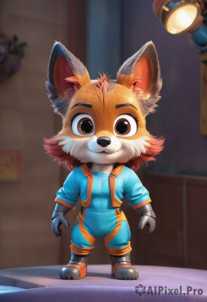 solo,looking at viewer,smile,short hair,gloves,1boy,animal ears,brown eyes,closed mouth,standing,full body,male focus,red hair,multicolored hair,boots,black gloves,artist name,indoors,orange hair,blurry,two-tone hair,fox ears,bodysuit,depth of field,blurry background,watermark,happy,child,furry,furry male,male child,body fur,white fur,straight-on,animal nose,jumpsuit,brown fur,orange fur,1girl,jacket,animal ear fluff,:3,blue jacket,fox girl,furry female,lamp