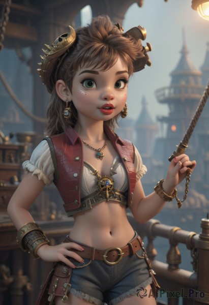 1girl,solo,long hair,breasts,looking at viewer,bangs,brown hair,hair ornament,navel,holding,jewelry,green eyes,standing,short sleeves,cowboy shot,earrings,small breasts,outdoors,frills,parted lips,open clothes,shorts,teeth,midriff,puffy sleeves,belt,signature,necklace,stomach,nail polish,mole,blurry,vest,flat chest,bracelet,puffy short sleeves,lips,crop top,fingernails,hand on hip,short shorts,eyelashes,mole under eye,makeup,depth of field,blurry background,chain,denim,lipstick,rope,buckle,pink nails,pendant,freckles,cropped jacket,denim shorts,belt buckle,railing,red vest,red lips,brown belt,cutoffs,open vest,pirate,mole above mouth,short hair,artist name,ring,steampunk