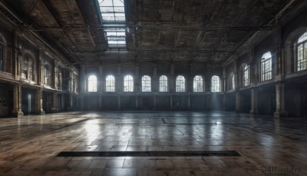 day,indoors,water,no humans,window,sunlight,scenery,reflection,light rays,wooden floor,stairs,door,light,architecture,sunbeam,ruins,pillar,ceiling,hallway,church,arch,reflective floor,fantasy,tiles,tile floor,floor