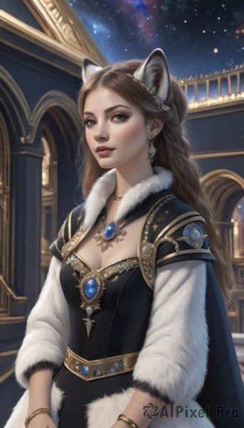 1girl,solo,long hair,breasts,looking at viewer,brown hair,dress,animal ears,cleavage,brown eyes,jewelry,medium breasts,braid,earrings,outdoors,parted lips,sky,cat ears,necklace,cape,mole,black dress,bracelet,lips,fur trim,makeup,night,gem,star (sky),night sky,pendant,starry sky,gold trim,fantasy,red lips,upper body,artist name,nail polish,ring,freckles,realistic,nose