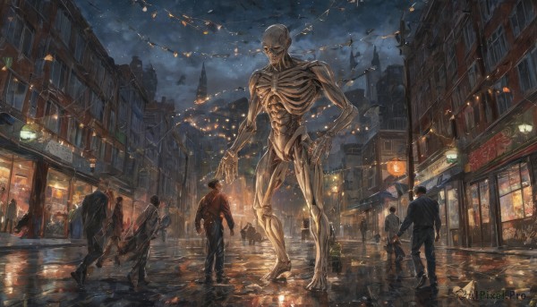 short hair,holding,standing,jacket,weapon,outdoors,multiple boys,sky,pants,cloud,gun,night,ground vehicle,building,night sky,scenery,walking,science fiction,6+boys,monster,city,car,road,ribs,lamppost,skeleton,street,zombie,multiple girls,bag,window,formal,cloudy sky,suit,motor vehicle,smoke,rain,sign,aircraft,bald,giant,power lines,debris,town,destruction,crosswalk,storefront